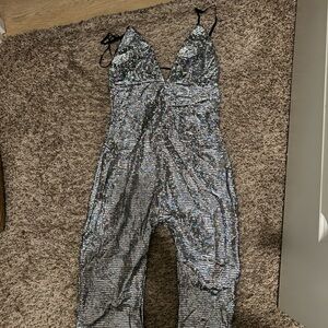 Fashion Nova Silver Sequin Jumpsuit